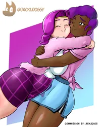 Size: 2480x3168 | Tagged: safe, artist:jackudoggy, derpibooru import, pipp petals, human, g5, big breasts, breasts, busty pipp petals, chubby, clothes, dark skin, glomp, high res, hug, humanized, image, misty brightdawn, pipp is chubby, png, reasonably sized breasts, simple background, skirt