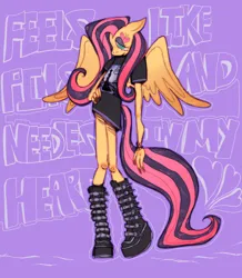 Size: 1785x2048 | Tagged: safe, alternate version, artist:veloriium, derpibooru import, fluttershy, anthro, pegasus, alternate hairstyle, boots, bracelet, clothes, emo, emoshy, eyeshadow, female, frown, g4, hand on hip, image, jewelry, jpeg, makeup, oversized clothes, oversized shirt, purple background, shirt, shoes, simple background, solo, spread wings, text, winged anthro, wings