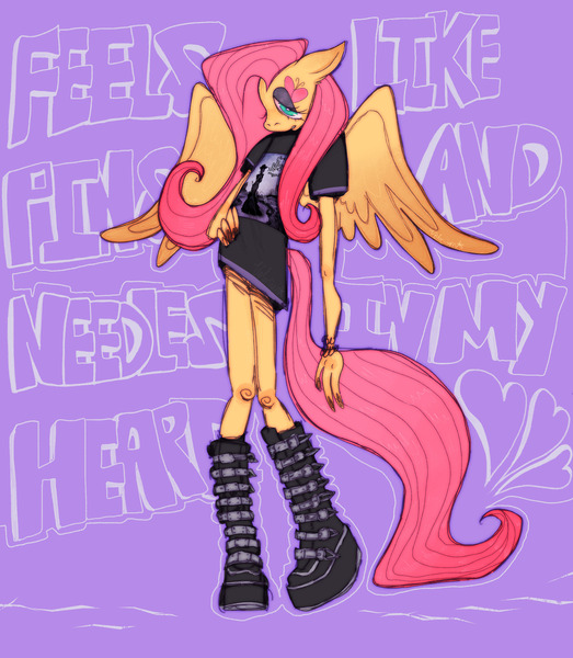 Size: 1785x2048 | Tagged: safe, alternate version, artist:veloriium, derpibooru import, fluttershy, anthro, pegasus, boots, bracelet, clothes, emo, eyeshadow, female, frown, g4, hand on hip, image, jewelry, jpeg, makeup, oversized clothes, oversized shirt, purple background, shirt, shoes, simple background, solo, spread wings, text, winged anthro, wings