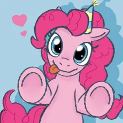 Size: 828x828 | Tagged: safe, artist:karmal130, derpibooru import, pinkie pie, earth pony, pony, female, g4, hat, image, jpeg, leaning on the fourth wall, party hat, solo, tongue out, underhoof