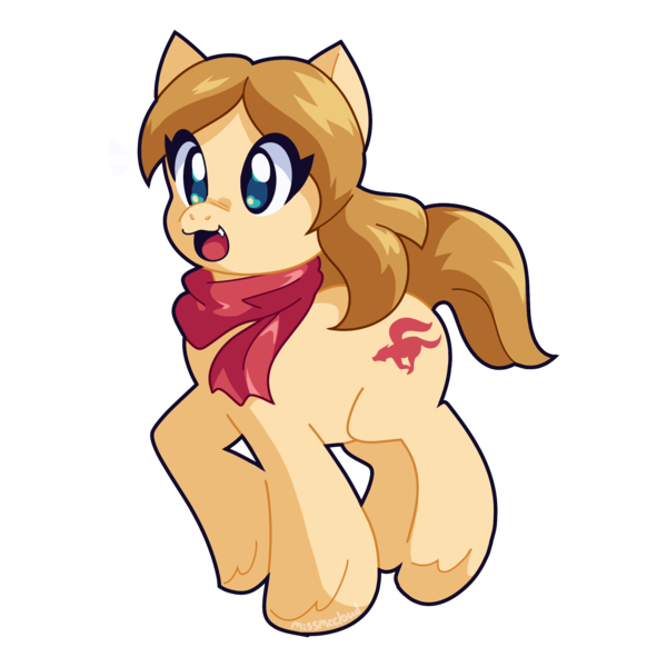 Size: 2000x2000 | Tagged: safe, derpibooru import, oc, oc:lily fox, unofficial characters only, earth pony, pony, blonde mane, blonde tail, blue eyes, clothes, cutie mark, eye clipping through hair, female, image, mare, open mouth, open smile, png, red scarf, scarf, sharp teeth, simple background, smiling, solo, star fox, tail, teeth, transparent background, yellow body
