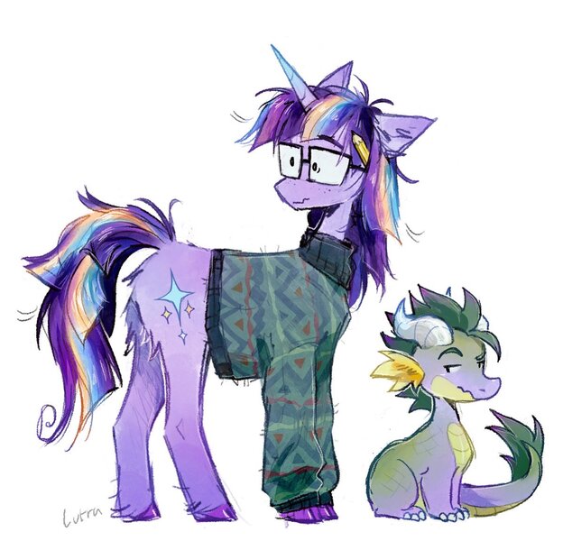 Size: 1198x1152 | Tagged: safe, artist:lutraviolet, derpibooru import, spike, twilight sparkle, dragon, pony, unicorn, alternate design, clothes, colored claws, colored hooves, duo, duo male and female, female, freckles, frown, g4, glasses, gradient horn, horn, image, jpeg, male, mare, messy mane, messy tail, pale belly, redesign, simple background, sitting, standing, sweater, tail, unicorn twilight, white background