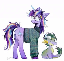 Size: 1198x1152 | Tagged: safe, artist:lutraviolet, derpibooru import, spike, twilight sparkle, dragon, pony, unicorn, alternate design, clothes, colored claws, colored hooves, duo, duo male and female, female, freckles, frown, g4, glasses, gradient horn, horn, image, jpeg, male, mare, messy mane, messy tail, pale belly, redesign, simple background, sitting, standing, sweater, tail, unicorn twilight, white background