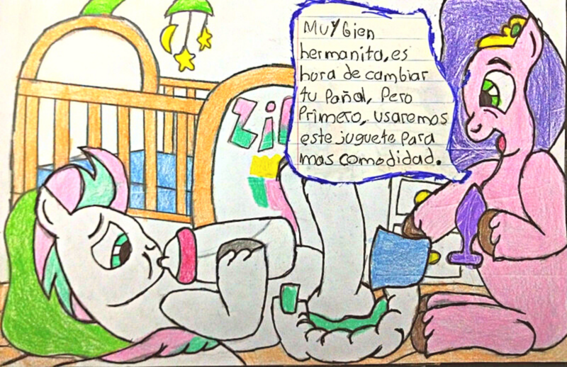 Size: 3579x2318 | Tagged: questionable, artist:bitter sweetness, derpibooru import, pipp petals, zipp storm, pegasus, pony, g5, my little pony: a new generation, my little pony: make your mark, my little pony: tell your tale, abdl, adult foal, baby bottle, buttplug, crib, diaper, diaper change, diaper fetish, duo, female, fetish, image, imminent insertion, incest, lesbian, non-baby in diaper, open mouth, open smile, pippzipp, png, royal sisters (g5), sex toy, shipping, siblings, sisters, smiling, spanish, traditional art, translated in the description