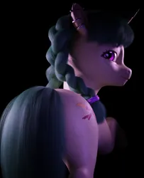 Size: 4320x5320 | Tagged: suggestive, artist:shey, derpibooru import, oc, oc:drawing unique, unofficial characters only, pony, unicorn, 3d, 3d model, braid, braided pigtails, cutie mark, ear piercing, earring, freckles, glow, glowing eyes, hair, hair ribbon, image, jewelry, looking at you, looking back, looking back at you, piercing, pigtails, png, ribbon, solo, tail, wip
