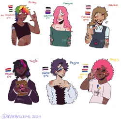 Size: 1170x1150 | Tagged: safe, artist:maxballers, derpibooru import, applejack, fluttershy, pinkie pie, rainbow dash, rarity, twilight sparkle, human, alternate hairstyle, asexual, asexual pride flag, bandaid, bisexual pride flag, book, clothes, cutie mark on human, cutie mark tattoo, dark skin, demigirl, demigirl pride flag, dress, ear piercing, earring, eyes closed, eyeshadow, female, fur coat, glasses, humanized, image, jewelry, jpeg, lesbian pride flag, makeup, mane six, nail polish, natural hair color, nonbinary, nonbinary pride flag, open mouth, overalls, pansexual, pansexual pride flag, piercing, pride, pride flag, scar, shirt, short shirt, simple background, t-shirt, tattoo, white background