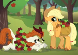 Size: 7714x5477 | Tagged: safe, artist:faitheverlasting, derpibooru import, applejack, autumn blaze, earth pony, kirin, pony, apple, basket, commission, embarrassed, embarrassed grin, food, hat, image, implied shipping, png, snickering, tree