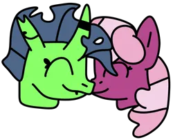 Size: 780x630 | Tagged: safe, artist:jadeharmony, derpibooru import, cheerilee, oc, oc:chirp (changeling), changeling, earth pony, pony, boop, canon x oc, changeling oc, duo, duo female, ear piercing, earring, eyes closed, female, horn, horn ring, image, jewelry, lesbian, lip piercing, mare, noseboop, piercing, png, ring, simple background, snake bites, transparent background