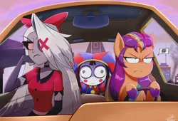 Size: 4080x2772 | Tagged: safe, alternate version, artist:the-butch-x, derpibooru import, sunny starscout, earth pony, pony, g5, alternate character, anxious, car, driving, female, goofy movie meme, hazbin hotel, image, meme, png, pomni, ponified meme, the amazing digital circus, unamused, vaggie