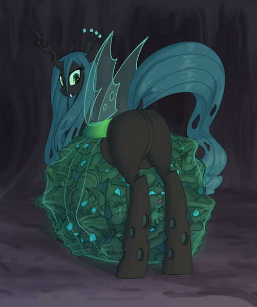 Size: 3715x4436 | Tagged: safe, artist:carnifex, derpibooru import, queen chrysalis, changeling, changeling queen, nymph, absurd resolution, adoracreepy, belly, belly on floor, big belly, bucking, bugbutt, butt, cave, cheeselegs, chrysalass, commission, creepy, cute, distressed, disturbing, dock, featureless crotch, female, fetus, frown, g4, glow, glowing belly, holes, hoof imprints, huge belly, hyper, hyper belly, hyper pregnancy, image, impossibly large belly, kicking, looking at belly, looking at butt, looking at self, looking at someone, looking back, mommy chrissy, multiple pregnancy, plot, png, pregnant, quadrupedal, queen pregalis, smiling, struggling, tail, tight bulge, translucent belly, transparent belly, transparent flesh, transparent wings, wings, womb with a view