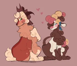 Size: 2000x1700 | Tagged: safe, artist:ghostunes, derpibooru import, oc, oc:honey bun, oc:maple oak, unofficial characters only, cow, sheep, bandana, blushing, chest fluff, cowboy hat, curly hair, eyes closed, floppy ears, hat, heart, hoof fluff, hoof on chest, horns, image, in love, lamb, leonine tail, multicolored mane, png, red background, simple background, sitting, smiling, spots, tail