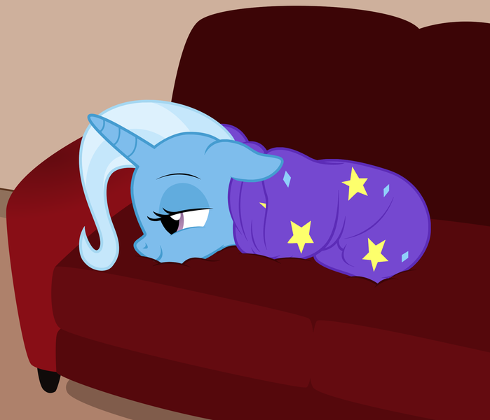 Size: 2047x1757 | Tagged: safe, artist:badumsquish, derpibooru import, trixie, pony, unicorn, behaving like a dog, blanket, blanket burrito, chillaxing, couch, derpibooru exclusive, diamonds, female, floppy ears, image, lidded eyes, mare, nap, png, relaxed, relaxing, show accurate, sleepy, smiling, solo, stars