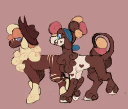 Size: 2000x1700 | Tagged: safe, artist:ghostunes, derpibooru import, oc, oc:honey bun, oc:sweet nectar, unofficial characters only, cow, hybrid, sheep, bandana, bedroom eyes, chest fluff, conversation, cowboy hat, hat, heart, hoof fluff, hybrid oc, image, lamb, leonine tail, looking at each other, looking at someone, moody, multicolored hair, open mouth, png, raised hoof, raised leg, red background, simple background, stripes, tail, unamused, walking