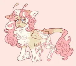 Size: 1433x1240 | Tagged: safe, artist:ghostunes, derpibooru import, fluttershy, deer, deer pony, hybrid, original species, pegasus, alternate design, antenna, bedroom eyes, beige background, chest fluff, curly hair, design, ear fluff, floppy ears, flower, freckles, hoof fluff, image, leonine tail, looking at you, o mouth, paws, png, quadrupedal, redesign, shy, simple background, spots, tail, twitterina design, two toned mane, wing fluff, wings