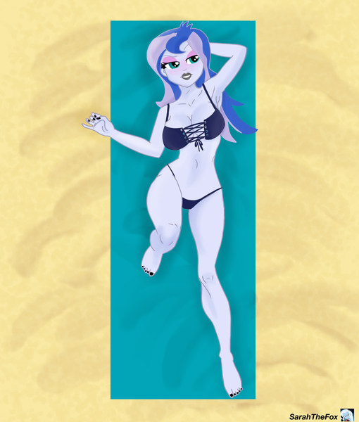 Size: 2550x3000 | Tagged: suggestive, artist:sarahthefox97, derpibooru import, princess luna, human, equestria girls, arm behind head, armpits, beach, beach babe, beach towel, beautiful, beautisexy, bed, bedroom eyes, belly button, big breasts, bikini, black lipstick, black nail polish, bra, breasts, busty princess luna, cleavage, eyeshadow, female, females only, fingernails, image, legs, legs raised, lipstick, looking at each other, looking at someone, looking at something, makeup, nail polish, nails, pink eyeshadow, png, pose, raised leg, reasonably sized breasts, relaxing, sand, sexy, solo, solo female, stupid sexy luna, stupid sexy princess luna, stupid sexy vice principal luna, sultry pose, sunbathing, swimsuit, towel, underwear, vice principal luna, young adult