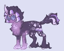 Size: 1466x1160 | Tagged: safe, artist:ghostunes, derpibooru import, twilight sparkle, classical unicorn, pony, unicorn, alternate design, alternate universe, bust, chest fluff, cloven hooves, curved horn, glasses, hoof fluff, horn, image, leonine tail, looking at you, multicolored hair, multicolored tail, png, purple background, redesign, simple background, sparkles, tail, twitterina design, unshorn fetlocks