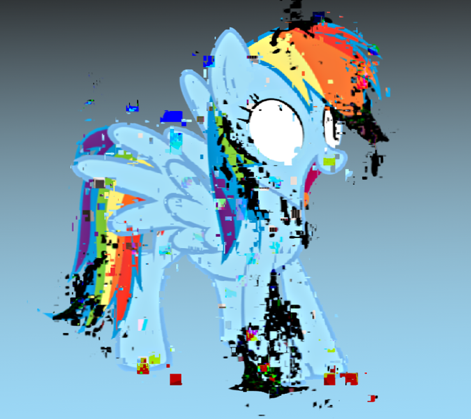 Size: 1117x993 | Tagged: safe, artist:thedangbooper, derpibooru import, rainbow dash, pegasus, pony, corrupted, g4, image, no pupils, pibby, png, show accurate, simple background, smiling, solo, spread wings, wings