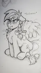 Size: 2268x4032 | Tagged: safe, artist:dandy, derpibooru import, oc, oc:sylvia evergreen, unofficial characters only, pegasus, pony, angry, black and white, blushing, braid, braided pigtails, chest fluff, floppy ears, grayscale, hair tie, image, jpeg, monochrome, pegasus oc, pencil drawing, pigtails, puffed chest, scrunchy face, sitting, solo, text, traditional art, wings