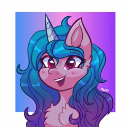 Size: 1280x1280 | Tagged: safe, artist:maxi_ponie, derpibooru import, izzy moonbow, pony, unicorn, g5, blushing, bust, chest fluff, female, horn, image, jpeg, mare, open mouth, open smile, passepartout, portrait, signature, smiling, solo, tongue out