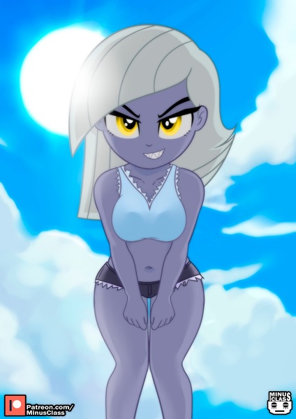 Size: 989x1400 | Tagged: suggestive, alternate version, artist:minusclass, derpibooru import, limestone pie, human, equestria girls, 2d, alternate character, ankles, belly button, breasts, busty limestone pie, cleavage, clothes, cloud, daisy dukes, devious, devious smile, equestria girls-ified, female, image, jpeg, legs, lidded eyes, looking at you, looking down, looking down at you, midriff, outdoors, patreon, patreon logo, sharp teeth, shorts, sky, sleeveless, smiling, smirk, solo, sun, teeth, thighs