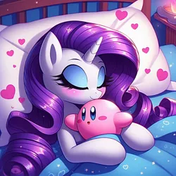 Size: 1024x1024 | Tagged: safe, ai content, derpibooru import, machine learning generated, prompter:gaminglover1992, rarity, pony, bed, crossover, cuddling, cuddling in bed, cute, eyeshadow, g4, generator:bing image creator, generator:dall-e 3, image, jpeg, kirby, kirby (series), makeup, mama rarity, nintendo, on bed, pillow