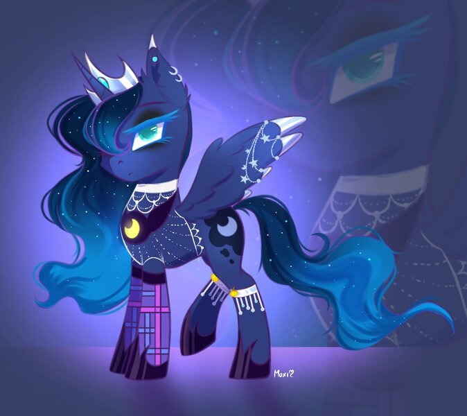 Size: 1183x1053 | Tagged: safe, artist:maxi_ponie, derpibooru import, princess luna, alicorn, pony, clothes, crown, ear piercing, earring, edgy luna, eyeliner, eyeshadow, female, g4, gameloft, hair over one eye, hoof shoes, horn, image, jewelry, jpeg, makeup, mare, my little pony: magic princess, peytral, piercing, princess shoes, raised leg, regalia, signature, socks, solo, spread wings, tail, wing jewelry, wings