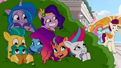 Size: 3072x1727 | Tagged: safe, derpibooru import, screencap, hitch trailblazer, izzy moonbow, pipp petals, rocky riff, sparky sparkeroni, sunny starscout, zipp storm, dragon, earth pony, pegasus, pony, unicorn, g5, my little pony: tell your tale, spoiler:g5, spoiler:my little pony: tell your tale, spoiler:tyts02e04, applejack (g5), baby, baby dragon, blushing, covering mouth, eyebrows, female, fluttershy (g5), grin, image, jazz hearts rocky, jazz hooves, jpeg, male, mane five, mane six (g5), mane stripe sunny, mare, misty brightdawn, one of these things is not like the others, open mouth, papa hitch, pinkie pie (g5), rainbow dash (g5), raised eyebrow, rarity (g5), rebirth misty, royal sisters (g5), siblings, sisters, smiling, stallion, sweat, sweatdrop, twilight sparkle (g5)