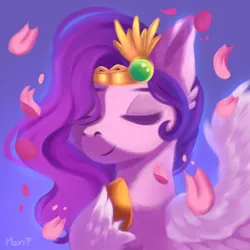 Size: 400x400 | Tagged: safe, artist:maxi_ponie, derpibooru import, pipp petals, pegasus, pony, g5, bust, eyes closed, female, flower petals, gradient background, image, jpeg, mare, portrait, raised hoof, signature, smiling, solo, spread wings, unshorn fetlocks, wings