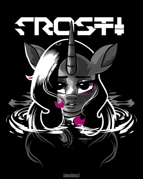 Size: 2400x3000 | Tagged: safe, artist:poxy_boxy, derpibooru import, oleander (tfh), pony, unicorn, them's fightin' herds, black background, bust, community related, female, image, jpeg, limited palette, looking at you, mare, partially submerged, simple background, solo, text, wet, wet mane