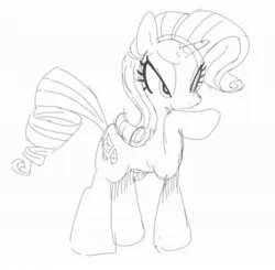 Size: 640x627 | Tagged: safe, artist:hobonkers, derpibooru import, rarity, pony, unicorn, eyelashes, female, g4, image, jpeg, mare, monochrome, raised hoof, simple background, sketch, smiling, solo, standing, white background