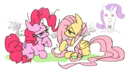 Size: 640x355 | Tagged: safe, artist:hobonkers, derpibooru import, fluttershy, pinkie pie, rarity, earth pony, pegasus, pony, unicorn, bong, drug use, drugs, female, flutterhigh, folded wings, g4, high, image, lesbian, looking at each other, looking at someone, mare, marijuana, meme, pink eyes, pinkie high, png, raised hoof, rarijuana, ship:flutterpie, shipping, simple background, sitting, smiling, smiling at each other, smoke, trio, white background, wings, wojak