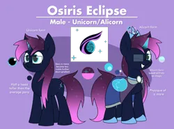 Size: 2772x2055 | Tagged: safe, artist:moonatik, derpibooru import, oc, oc:osiris eclipse, unofficial characters only, alicorn, pony, unicorn, alicorn oc, cloak, clothes, crown, cutie mark, glasses, horn, image, jewelry, male, png, reference sheet, regalia, shoes, solo, stallion, tiara, unicorn oc, wings