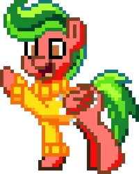 Size: 400x500 | Tagged: safe, derpibooru import, oc, oc:feather foot, unofficial characters only, pegasus, pony, pony town, boop, clothes, food, happy, hazel eyes, image, male, manepxls, milestone, pixel art, png, pxls.space, simple background, solo, stallion, sweater, transparent background, watermelon