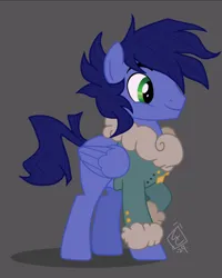 Size: 560x701 | Tagged: safe, artist:peech, derpibooru import, oc, oc:midnight blitzer, unofficial characters only, pegasus, pony, clothes, image, jacket, male, png, setting: neo somnambula, solo, stallion, variant