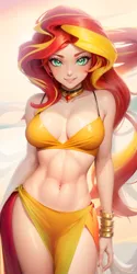 Size: 1024x2048 | Tagged: suggestive, ai content, alternate version, derpibooru import, editor:sammykun, machine learning generated, sunset shimmer, human, bare shoulders, bracelet, breasts, busty sunset shimmer, clothes, dress, female, g4, generator:yodayo, gold, humanized, image, jewelry, looking at you, midriff, necklace, png, prompter:sammykun, reasonably sized breasts, red dress, seductive, sexy, skirt, sleeveless, slender, smiling, solo, thin, tight clothing