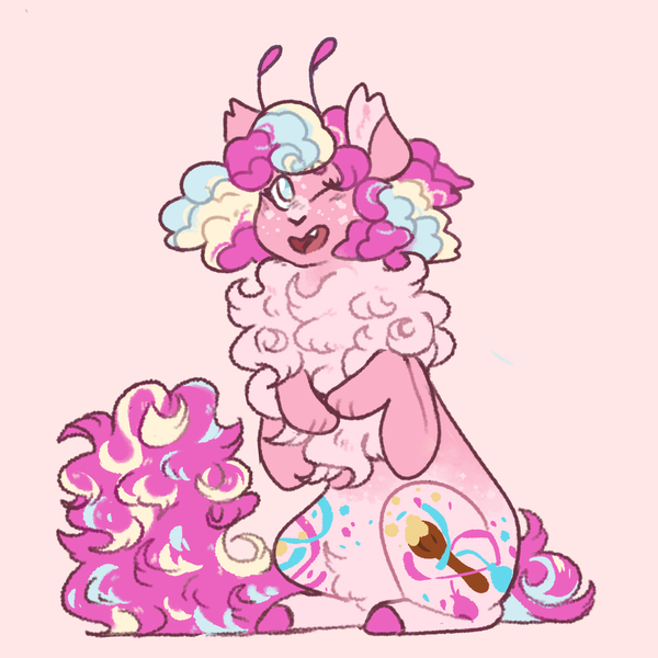 Size: 1500x1500 | Tagged: safe, artist:ghostunes, derpibooru import, pinkie pie, earth pony, original species, pony, alternate design, alternate universe, antenna, beige background, chest fluff, design, freckles, happy, hoof fluff, image, looking up, multicolored hair, multicolored mane, one eye closed, open mouth, paintbrush, paws, png, raised hoof, redesign, simple background, sitting, smiling, spots, wink, yellow background