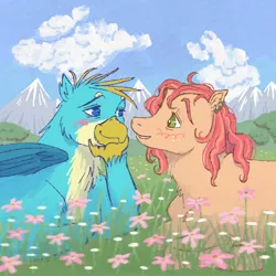 Size: 2048x2048 | Tagged: safe, artist:universalheart, derpibooru import, gallus, oc, oc:summerfree apple, earth pony, gryphon, pony, blushing, canon x oc, earth pony oc, image, jpeg, looking at each other, looking at someone
