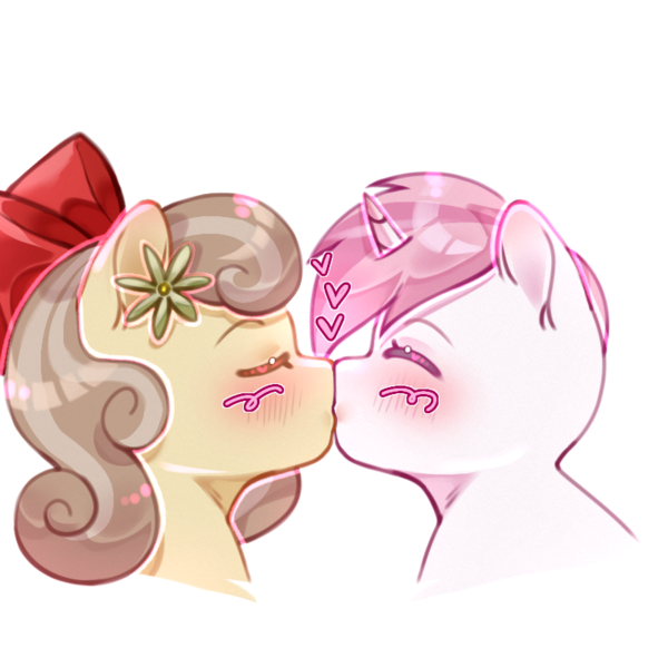 Size: 800x800 | Tagged: safe, artist:deadprincessblues, derpibooru import, oc, oc:peach blossom, oc:sweet irony, unofficial characters only, pony, unicorn, blushing, bow, bust, eyes closed, flower, flower in hair, hair bow, image, kiss on the lips, kissing, png, simple background, transparent background