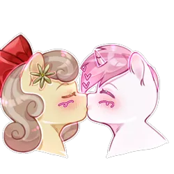 Size: 800x800 | Tagged: safe, artist:deadprincessblues, derpibooru import, oc, oc:peach blossom, oc:sweet irony, unofficial characters only, pony, unicorn, blushing, bow, bust, eyes closed, flower, flower in hair, hair bow, image, kiss on the lips, kissing, png, simple background, transparent background