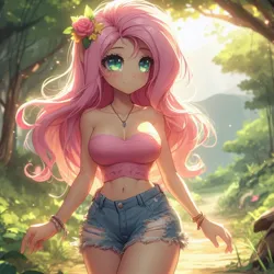 Size: 1024x1024 | Tagged: safe, ai content, derpibooru import, machine learning generated, fluttershy, human, adorasexy, anime, belly button, big breasts, blushing, bracelet, breasts, busty fluttershy, cleavage, clothes, cute, denim, denim shorts, female, flower, flower in hair, forest, forest background, g4, generator:bing image creator, generator:dall-e 3, humanized, image, jewelry, jpeg, long hair, midriff, nature, necklace, outdoors, sexy, shorts, shyabetes, smiling, solo, strapless, stupid sexy fluttershy, tree, tube top