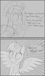 Size: 1500x2500 | Tagged: suggestive, artist:dtcx97, derpibooru import, twilight sparkle, twilight sparkle (alicorn), alicorn, pony, unicorn, 2 panel comic, black and white, blushing, comic, dialogue, english, female, g4, grayscale, harem, image, implied foalcon, implied underage, letter, male, mare, monochrome, png, royal guard, scroll, shocked, speech bubble, speed lines, spread wings, stallion, twilight is a foal fiddler, wingboner, wings
