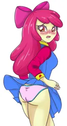 Size: 2126x3990 | Tagged: suggestive, artist:sumin6301, derpibooru import, edit, editor:mlplove, apple bloom, human, equestria girls, apple, blushing, blushing profusely, bow, breasts, busty apple bloom, butt, clothes, embarrassed, embarrassed underwear exposure, eyebrows, eyebrows visible through hair, facing away, female, food, hair bow, high res, image, looking at you, looking back, looking back at you, older, older apple bloom, panties, panty shot, pink panties, pink underwear, png, red hair, school uniform, shocked, shocked expression, simple background, solo, solo female, stupid sexy apple bloom, underwear, underwear edit, walking away, white background
