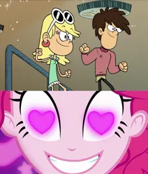 Size: 828x975 | Tagged: safe, derpibooru import, grizzle, pinkie pie, equestria girls, couple, crossover, heart, heart eyes, image, jpeg, leni loud, meme, shipping, the loud house, wingding eyes