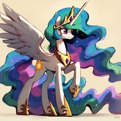 Size: 2048x2048 | Tagged: safe, ai content, derpibooru import, machine learning generated, prompter:krivovyaz, stable diffusion, princess celestia, alicorn, pony, crown, generator:pony diffusion v6 xl, generator:purplesmart.ai, image, jewelry, png, regalia, simple background, solo, spread wings, wings