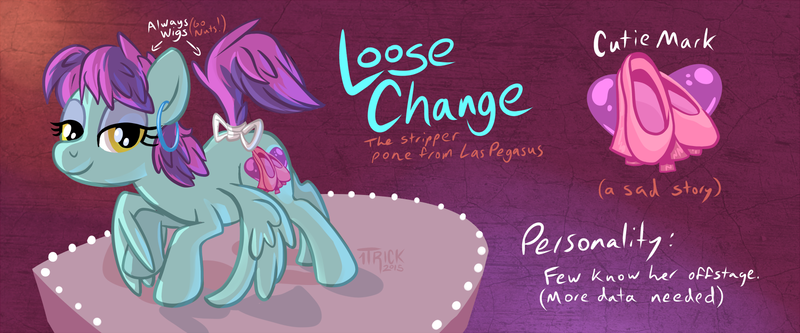 Size: 1500x625 | Tagged: safe, artist:1trick, derpibooru import, oc, oc:loose change, pegasus, pony, ear piercing, earring, female, image, jewelry, mare, piercing, png, reference sheet, solo, stripper, wig