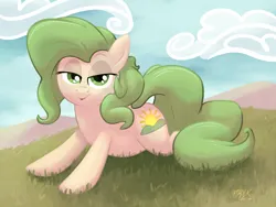 Size: 1200x900 | Tagged: safe, artist:1trick, derpibooru import, oc, oc:bountiful fields, unofficial characters only, earth pony, pony, field, green mane, image, looking at you, lying down, png, prone, smug, solo