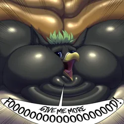 Size: 4000x4000 | Tagged: suggestive, artist:moonhoek, derpibooru import, oc, gryphon, beak, blob, chubby cheeks, commission, digital art, fat, fat fetish, feather, female, fetish, griffon oc, image, impossibly large everything, mawshot, morbidly obese, multichin, obese, open mouth, png, rolls of fat, solo, solo female, squishy, text, tongue out