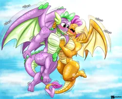 Size: 2227x1800 | Tagged: safe, artist:platinumkinght, derpibooru import, smolder, spike, anthro, digitigrade anthro, dragon, barbie doll anatomy, beefspike, blushing, commission, dragoness, duo, duo male and female, female, flapping wings, high res, image, kiss on the cheek, kissing, male, muscles, muscular female, muscular male, older, older smolder, older spike, png, ship:spolder, shipping, straight, swolder, winged spike, wings