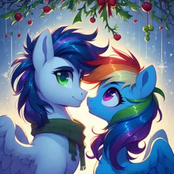 Size: 1024x1024 | Tagged: safe, ai content, derpibooru import, machine learning generated, prompter:*rainbow dash*, rainbow dash, soarin', female, g4, generator:bing image creator, generator:dall-e 3, holly, holly mistaken for mistletoe, image, imminent kissing, male, png, shipping, soarindash, spread wings, stars, straight, wings