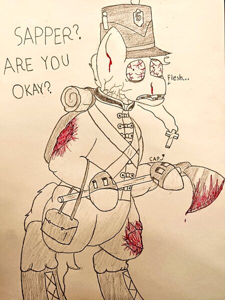 Size: 768x1024 | Tagged: safe, artist:cap_watching, derpibooru import, earth pony, pony, undead, zombie, zombie pony, 18th century, axe, blood, british, crucifix, guts and blackpowder, hat, image, jpeg, napoleonic, pencil drawing, shako, traditional art, weapon